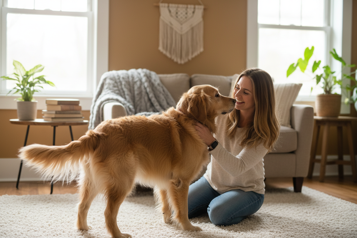 Golden köpeği olan kadın görseli